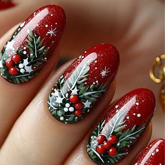Christmas Flashing Red Short Oval Christmas Tree Fruit Pattern Design Wearable Nails